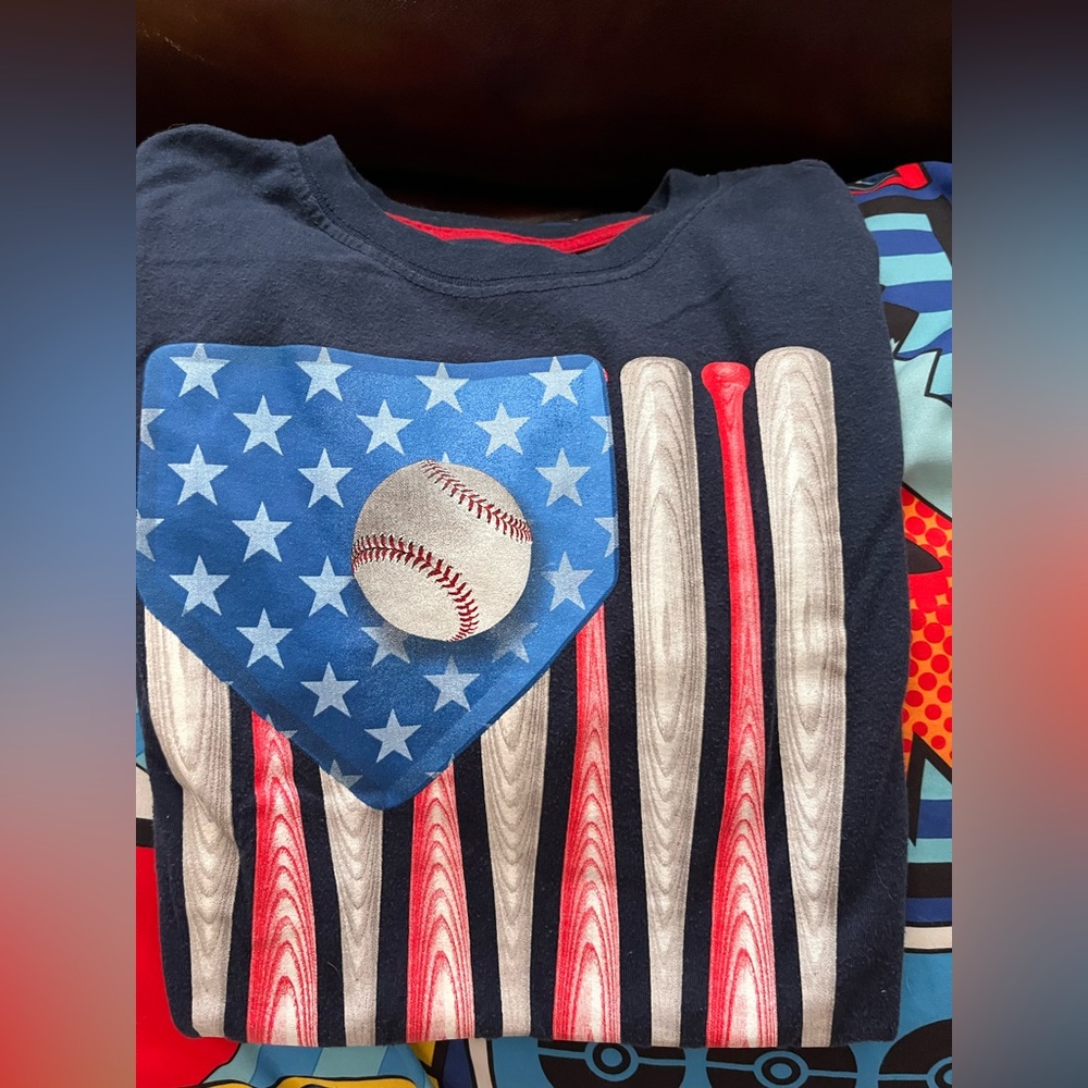 Boys Navy ; baseball theme shirt , size 10/12 , worn once ; no stains